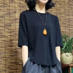 10綿高級不規則な体型カバーシャツ女性用、新しいスタイルのミッドスリーブスプライシングスタイルトップス、大きいサイズの夏用シャツ