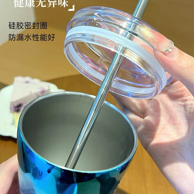 跨境创意双层不锈钢吸管杯现代简约真空保温食品级咖啡喝水杯|undefined
