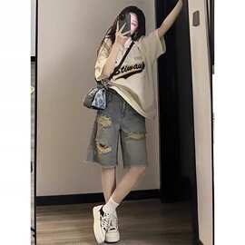 复古美式直筒破洞牛仔裤女2026春夏小个子宽松显瘦高街五分短裤子