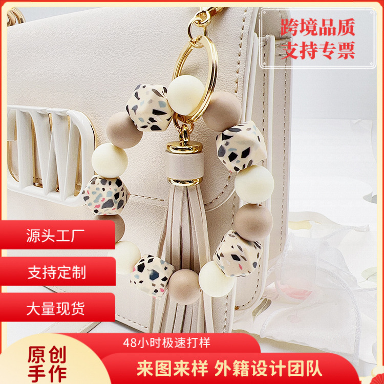 Cross-border New 14mm Silicone Octagon Rubber Paint Round Bead Bracelet Bracelet Tassel Keychain