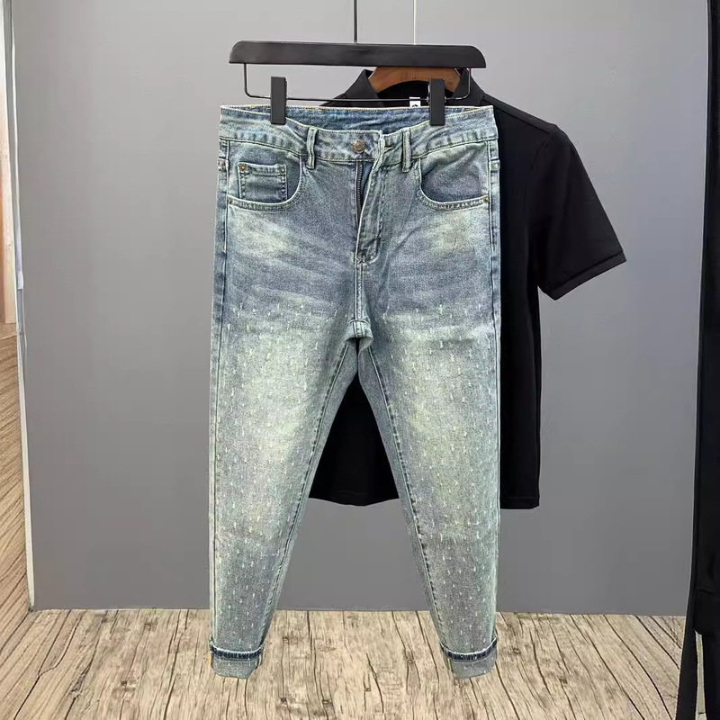Jeans Men's Unique Scratched All-match Slim-fit Skinny 2024 Spring New Fashion Brand Casual Cropped Pants