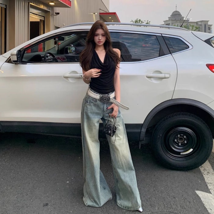 Spring and Summer Backless, Scoop-Neck, Hollow-Out Lace-Trimmed Tank Top + Folded 3D Washed Low-Rise Wide-Leg Jeans