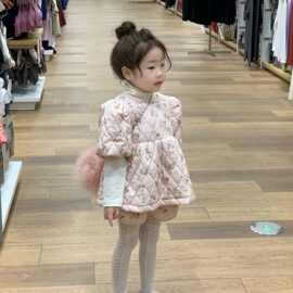 韩版童装2023秋冬新款女童甜美碎花夹棉绗缝套装高领打底衫三件套