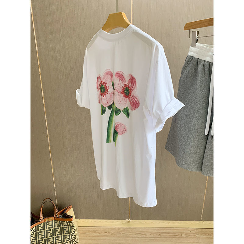 Plus-Size 150kg Cotton Round-Neck Loose Short-Sleeve T-Shirt with Floral Print on the Back for Women in Summer