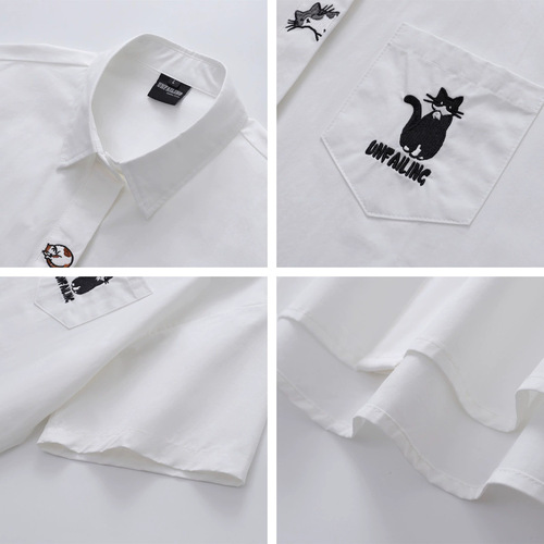 Fun and Cute Small Cat Embroidery Short-Sleeve Shirt for Men and Women, Japanese Style Summer Loose Casual Matchmaking Couple's Top