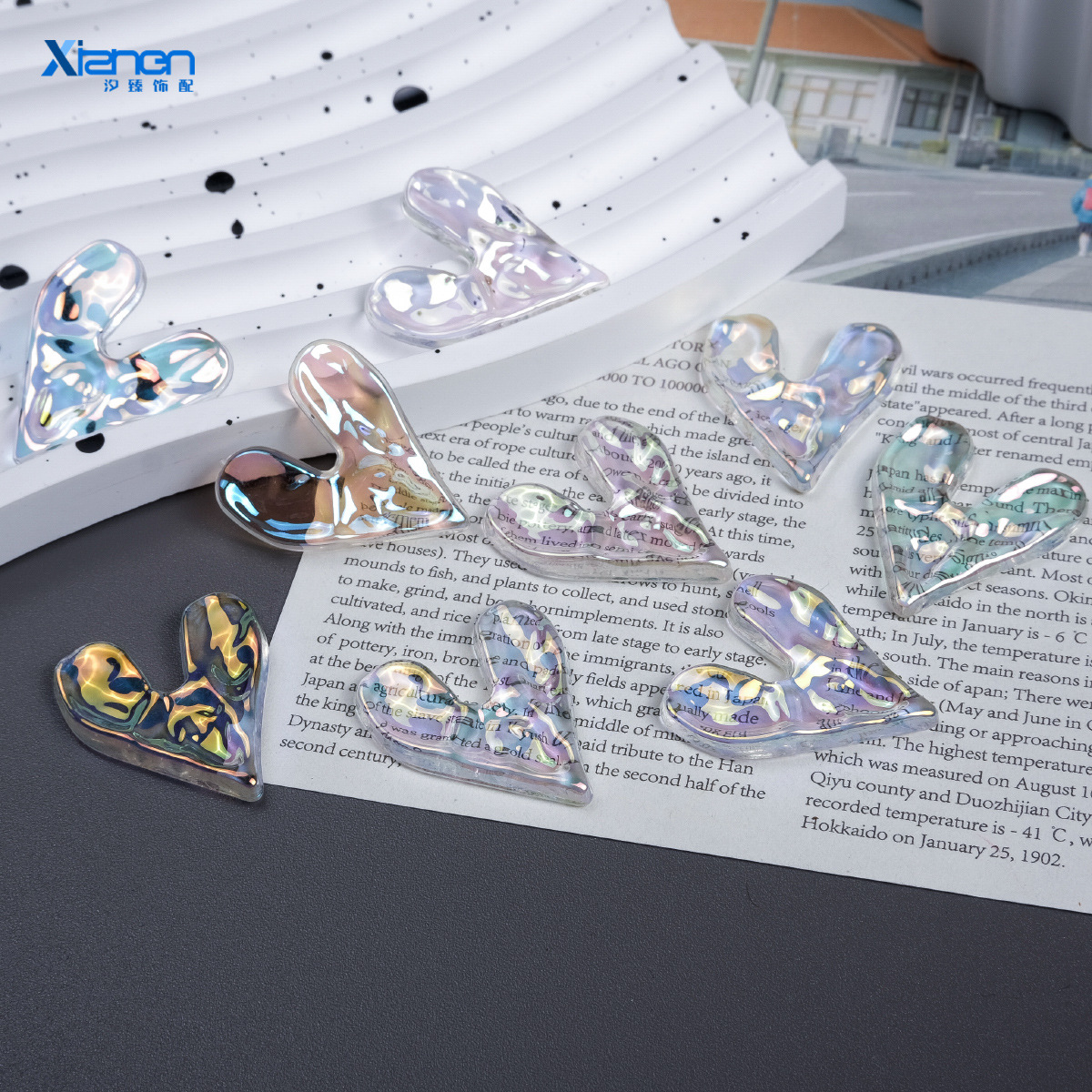 透明炫彩皱皮镭射扭曲爱心桃心贴片亚克力配件diy手机壳素材材料