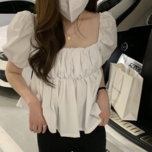 现货。韩国东大门2026方领泡泡袖纯色收腰荷叶摆显瘦娃娃衫衬衫
