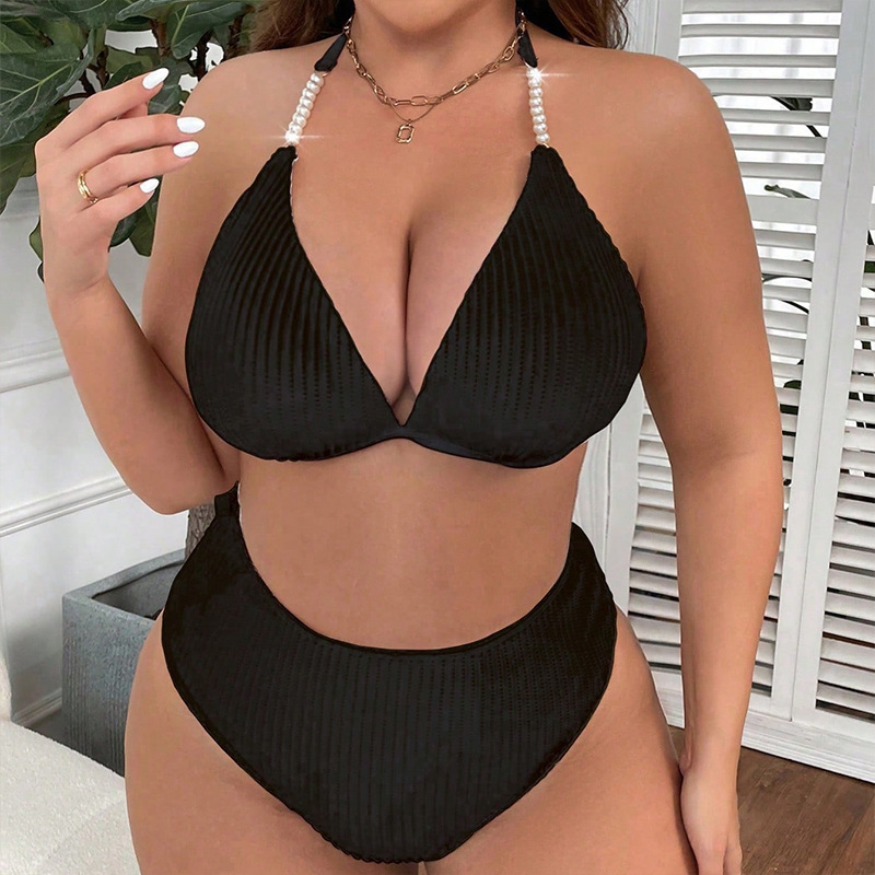 2026 New European and American Style Halter Neck Plus Size Beach Swimsuit for Women, Amazon Solid Color High-Waisted Sexy Bikini