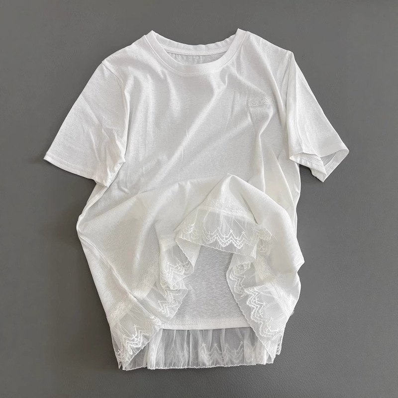 Long Aesthetic Beautiful Wear Snowflake Cotton Lace Stitching Short-sleeved Summer New Round Neck Casual Cotton T-shirt for Women