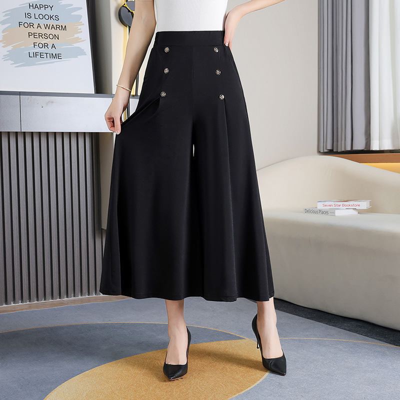 Middle-Aged Mother's Pants, Summer Thin Ice Silk Nine-Point Pants, Women's Loose Wide-Leg Pants, Culottes, Ice Silk Fabric