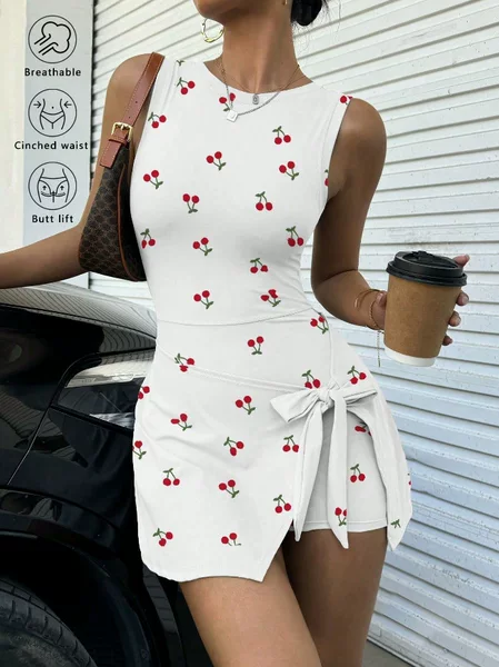 Fake Two-Piece Anti-Exposure Slim-Fit Sports Dress with Straps, Casual Fitness Backless Yoga Tennis Dress 2303