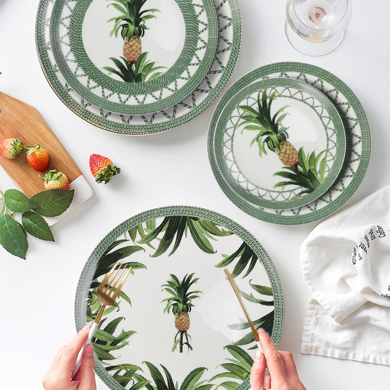 Tropical Green Pineapple Bone China Dinner Plate Set Western Dinner Plate Hotel Restaurant Snack Fruit Steak Plate Wholesale