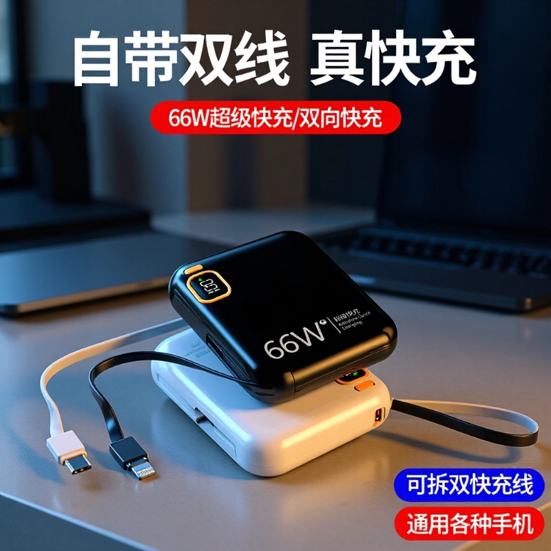 Cross-Border Kc Certified New 66W Super Fast Charging Power Bank 20000Mah with Built-In Cable Portable Power Bank Customization