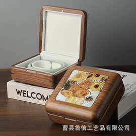 实木油画首饰收纳盒黑胡桃木刺绣项链戒指手串小型复古珠宝包装盒