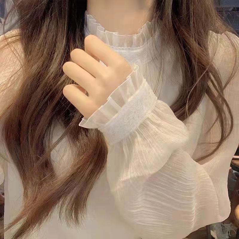 Lace Collar Lace Base Shirt Women's Spring and Autumn Design Niche Mesh Chiffon Shirt Top Long Sleeve Inner Shirt