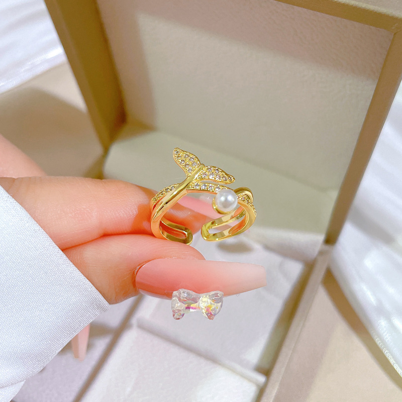 Offener Fischschwanz Perlenring Gold Design Ring Für Damen_voghion.com