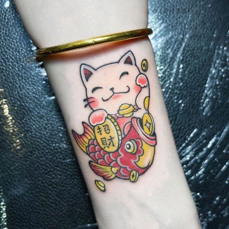 Lucky Cat Tattoo Cute Colorful Cartoon Waterproof Realistic Carp Long-Lasting Ins Flower Arm Wrist Unisex Sticker Trendy
