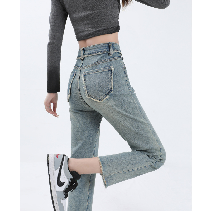 Straight jeans for women in spring and autumn 2024 new high-waisted slim light color small nine-point cigarette pants for women
