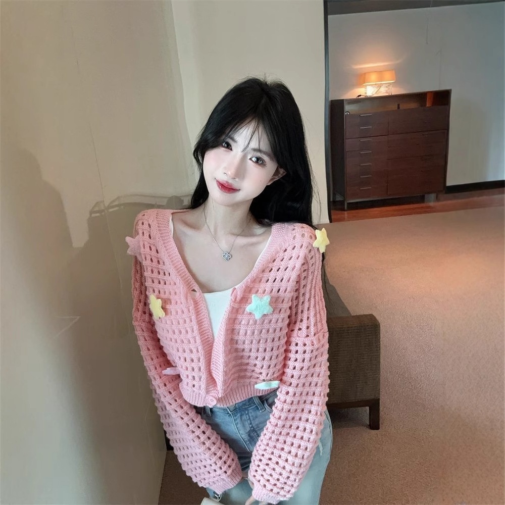 Dopamine Sweet Style Pink Knitted Cardigan Jacket Women's New Vintage Y2K Short V-neck Hollow Design Top