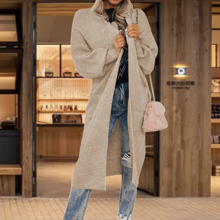 Damen Strickcardigan Mit Taschen Langarm Strickjacke Für Damen_voghion.com