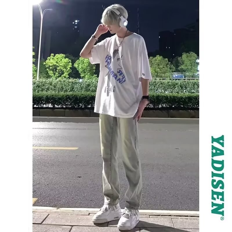 Pantalones vaqueros viejos lavados de la calle americana de moda Primavera y otoño para hombres Pantalones largos de estilo vibe de la calle alta de tendencia suelta recta