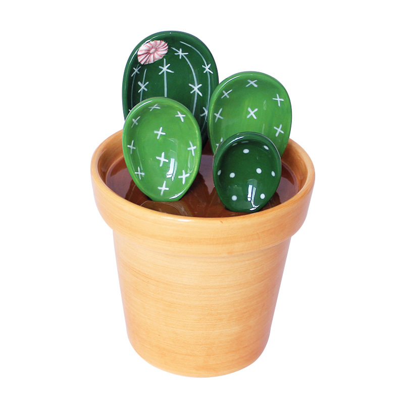 Cuchara medidora de cerámica con forma de cactus, con escala, para hornear, cuchara pequeña para sal y azúcar con base, de cerámica.