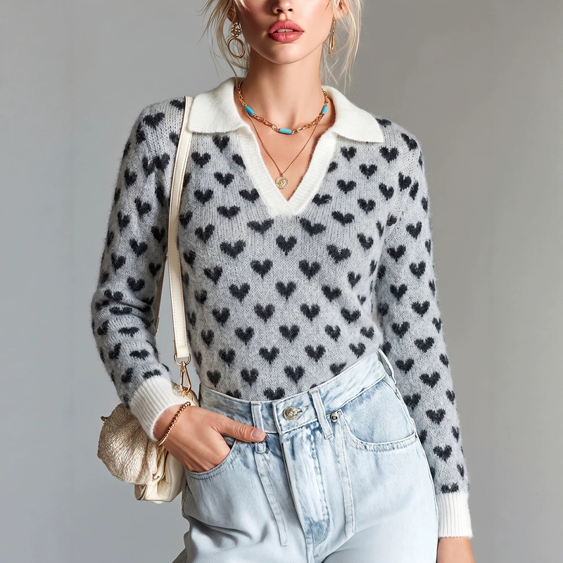 Cross-Border Hot-Selling Women's Autumn and Winter Black and White Heart Jacquard Knit Sweater with Full Print, Loose Fit, Age-Reducing Casual Top Cross-Border Hot-Selling Women's Autumn and Winter Black and White Heart Jacquard Knit Sweater with Full Print, Loose Fit, Age-Reducing Casual Top