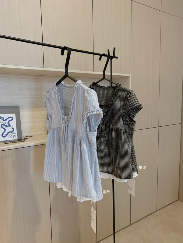 WGWE 夏の女性の韓国デザインレースステッチチェック柄ルーズ痩身偽ツーピース V ネックシャツ W6385|undefined