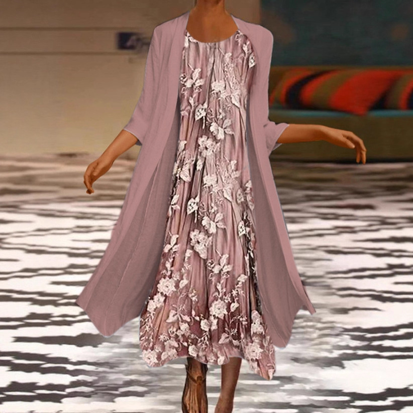 Amazon new cross-border 2021 popular long-sleeved printed cardigan dress chiffon loose waist temperament commuter women's clothing