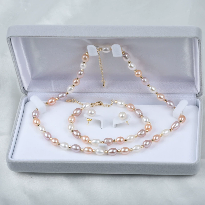 6-7 мм белый розовый фиолетовый рисовый жемчуг набор рисового жемчуга жемчужное ожерелье браслет серьги набор оптовые жемчужные украшения