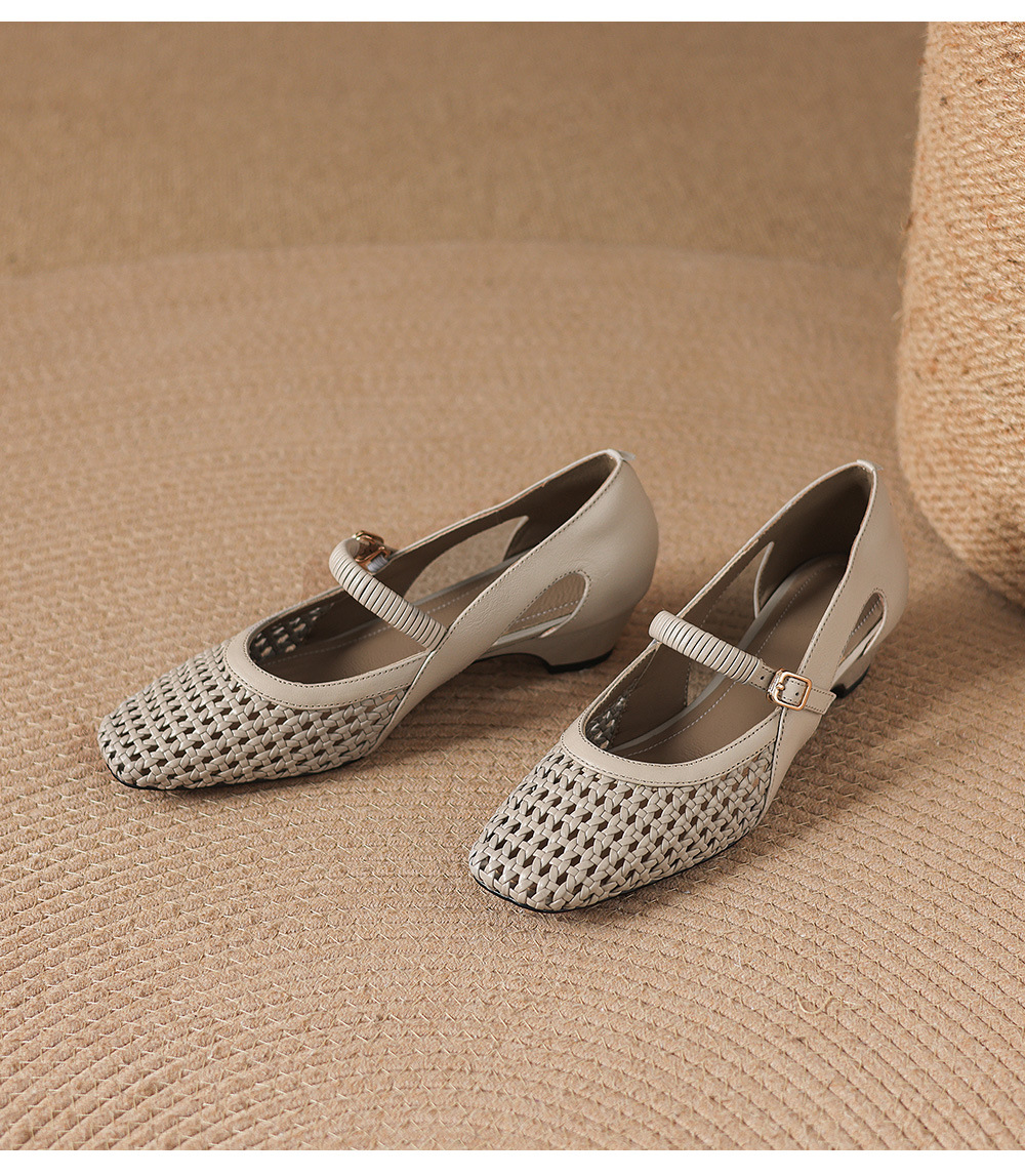 Giày sandal nữ gót thấp 3 cm mũi vuông hở bên da cừu đi làm — đen chi tiết 23