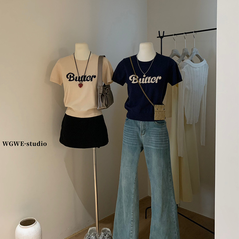 Senna 2025 Spring and Summer Korean Style Simple All-match Round Neck Contrast Color Letter Jacquard Design Short Sleeve Pullover Women's Sweater Senna 2025 Spring and Summer Korean Style Simple All-match Round Neck Contrast Color Letter Jacquard Design Short Sleeve Pullover Women's Sweater