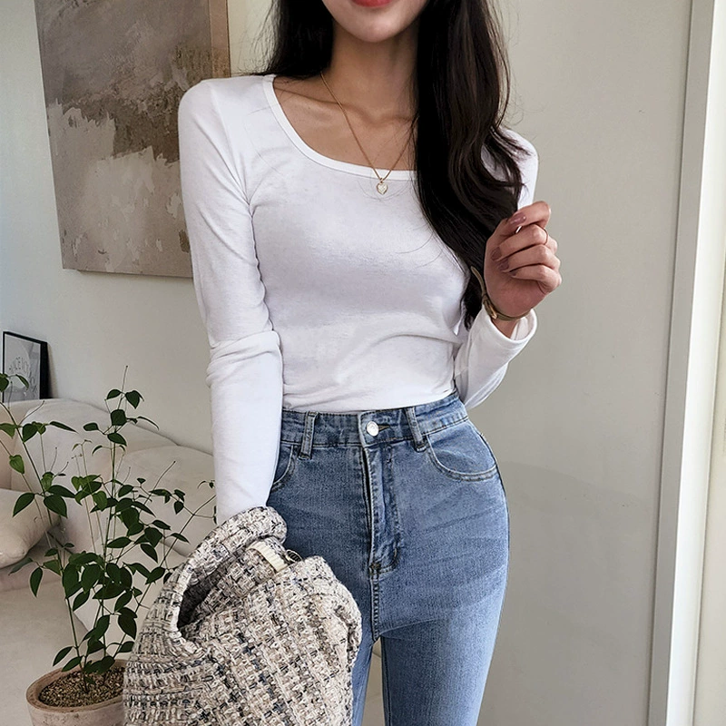 Облегающая футболка в Корейском стиле с U-образным вырезом, нижняя рубашка с длинными рукавами, хлопковый топ больших размеров