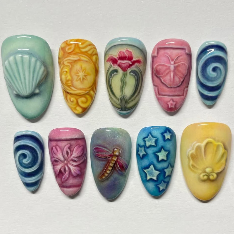 Wm-390 Natural Pattern Fake Nails Almond Ceramic Ins Art Shell Star 24-Piece Wearable Nail Tips Wholesale