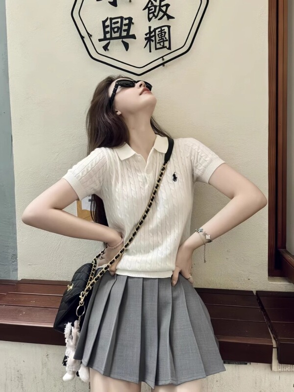 Korean Style Pony Embroidered Polo Collar Twist Knitted Short-Sleeved T-Shirt Women's Summer New Slim and Versatile Thin Top Korean Style Pony Embroidered Polo Collar Twist Knitted Short-Sleeved T-Shirt Women's Summer New Slim and Versatile Thin Top