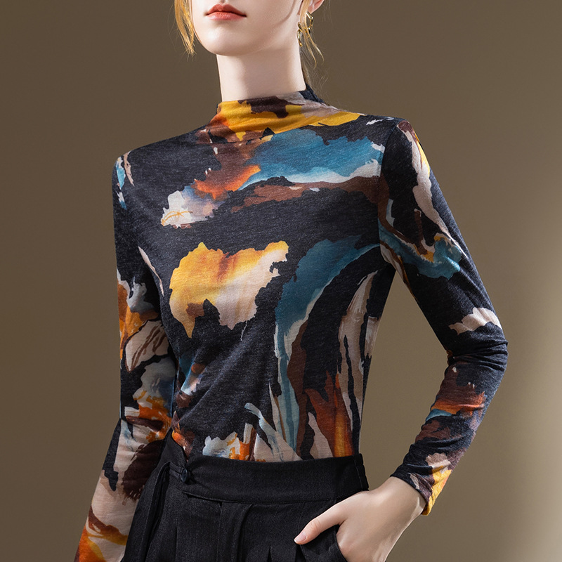 Camisa de fondo de cuello alto para mujer 2023 nueva camiseta de manga larga impresa Vintage para mujer temperamento Cintura interior superior ajustada image 2