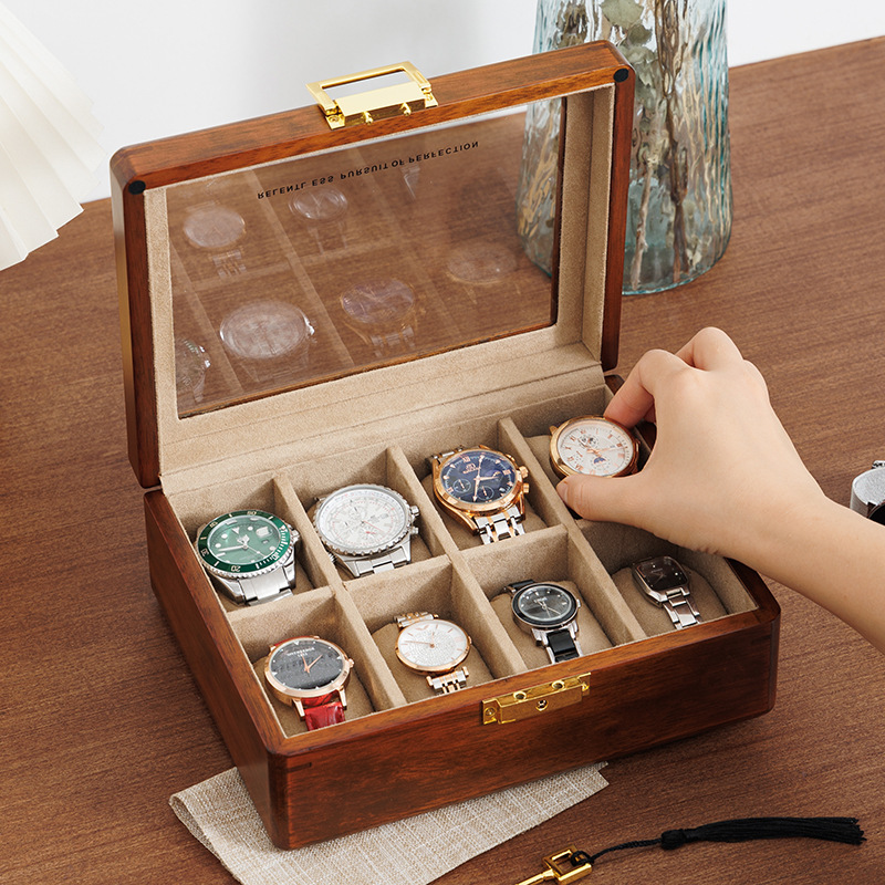 Golden Teak Watch Storage Box Solid Wood Glass Skylight Watch Box Watch Box Eight Pieces with Lock