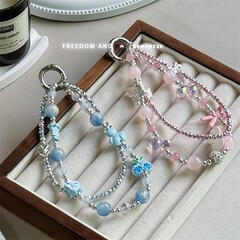 夏日水晶鑽球花朵蝴蝶結鑰匙扣掛件手機鏈條裝飾合金配飾防丟鏈條