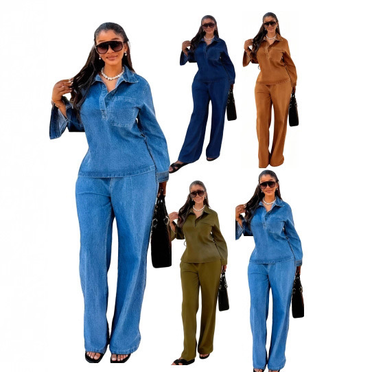 Foreign Trade Spring New Women's Clothing European and American Style French Fashion Washed Blue Denim Top Straight Pants Suit