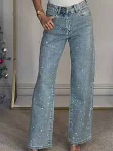 Jeans loose straight fit, American style, diamond-encrusted high-quality design, sizes S–L