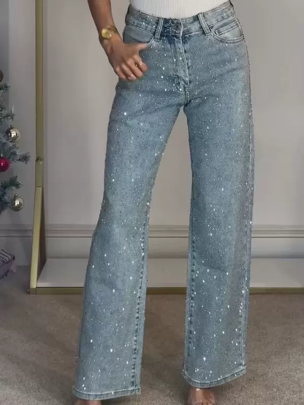 Jeans loose straight fit, American style, diamond-encrusted high-quality design, sizes S–L
