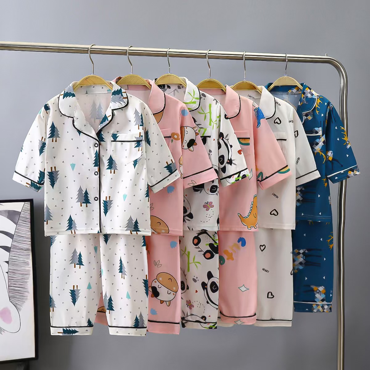 Children's Clothing Lapel Collar Loungewear Thin Set with Three-Quarter Sleeves and Pants for Boys and Girls, Air Conditioning Wear, Moisture-Wicking