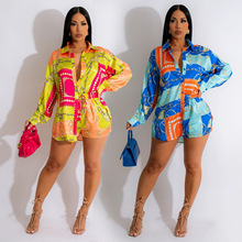 X6277特价 不退不换 慎拍跨境欧美时尚女装拼色衬衫长袖短裤套装