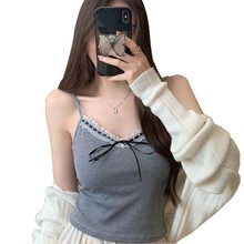 纯欲蕾丝花边吊带背心女带胸垫内搭外穿甜辣妹蝴蝶结短款美背上衣