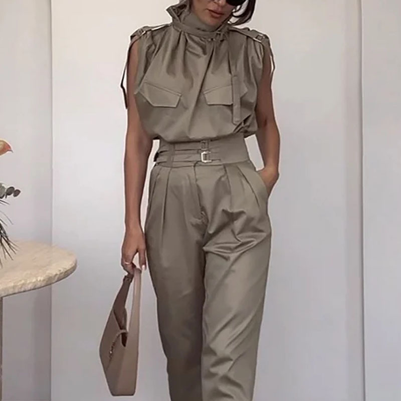 Knitted Design Waist Pleated Slimming Casual Comfortable Suspender Pants