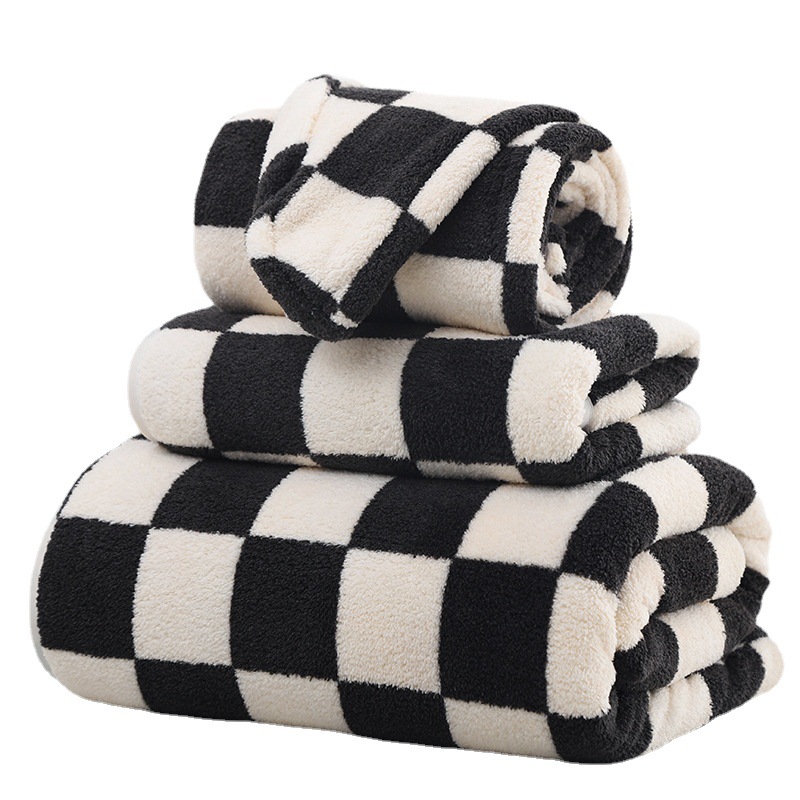 Coral veludo tablero de ajedrez toallas absorbentes suaves toallas de baño necesidades diarias creativas bienestar regalo conjunto de toallas de baño