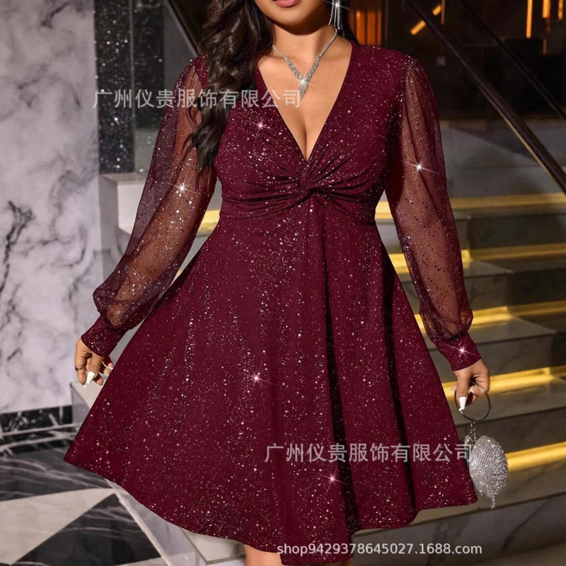 Cross-Border European and American Plus-Size Elegant Dress for Women, V-Neck Stylish Evening Gown, Sexy Mesh Long-Sleeve Dress