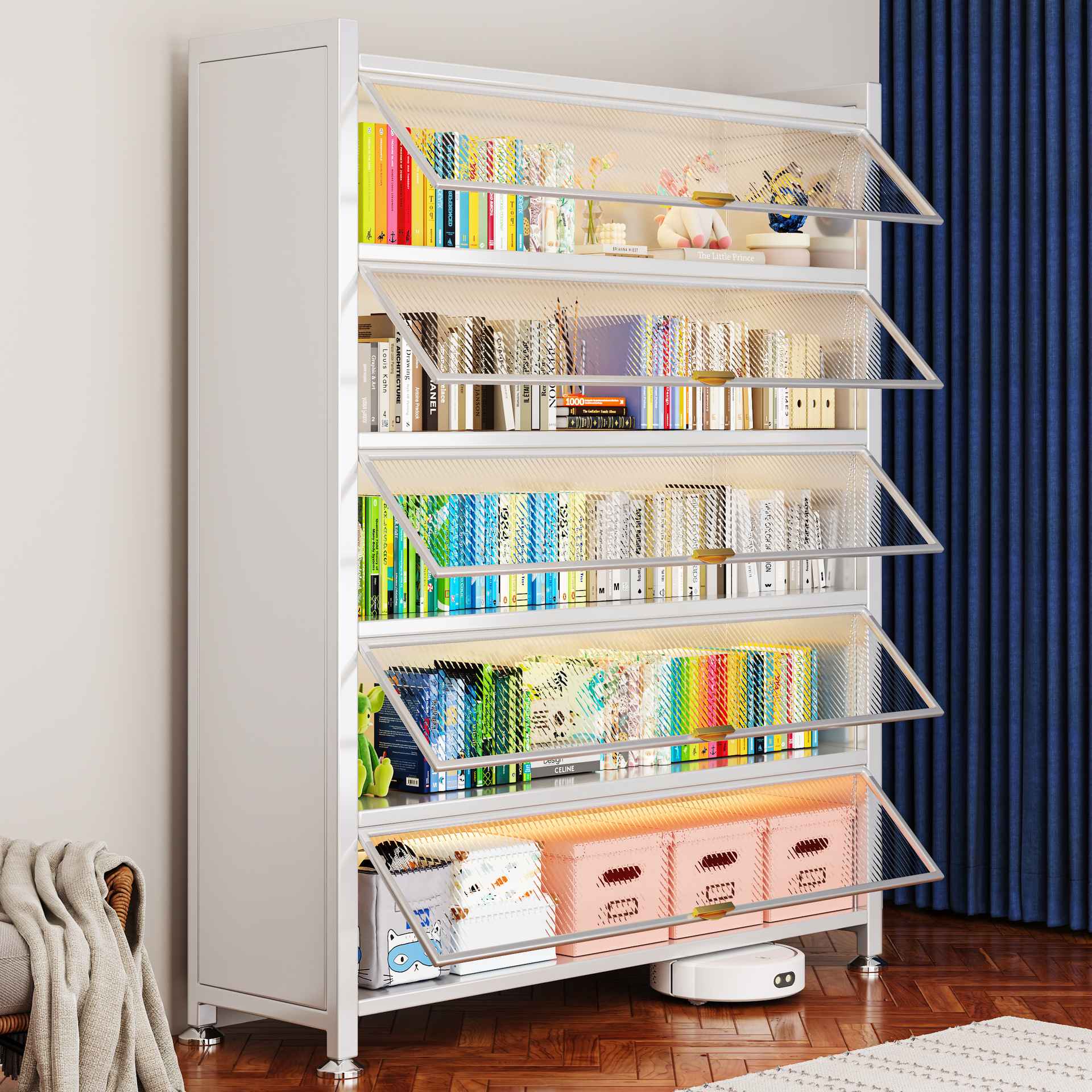 Household Bookcase with Door Dustproof Storage Cabinet Children's Multi-Layer Floor-Standing Iron Bookshelf Living Room Storage Steel Storage Rack