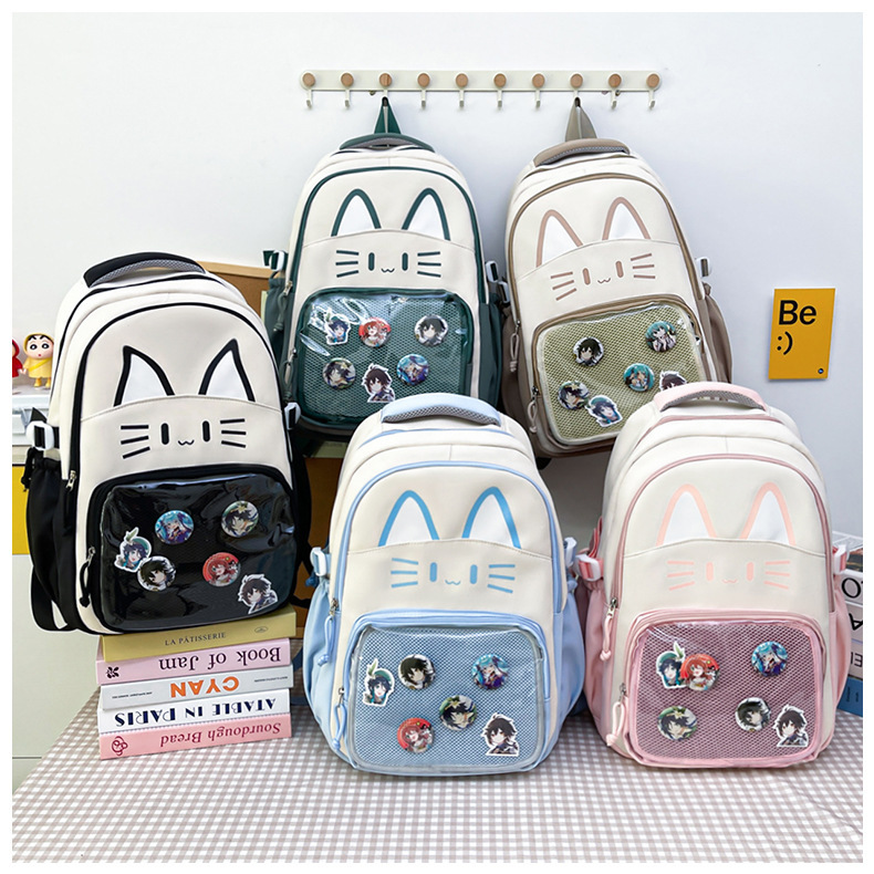 Large-Capacity Backpack, Transparent College Student School Bag, Cat Girl Campus Simple Niche High-Looking Baby Bag, Pain Bag