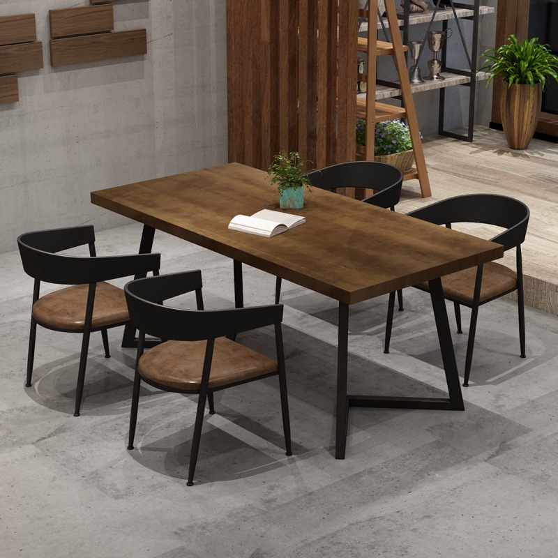 American-Style Cafe Tables and Chairs, Industrial-Style Barbecue Bar Dining Table Set, Retro Solid Wood and Iron Art Hot Pot Restaurant Dining Table and Chairs